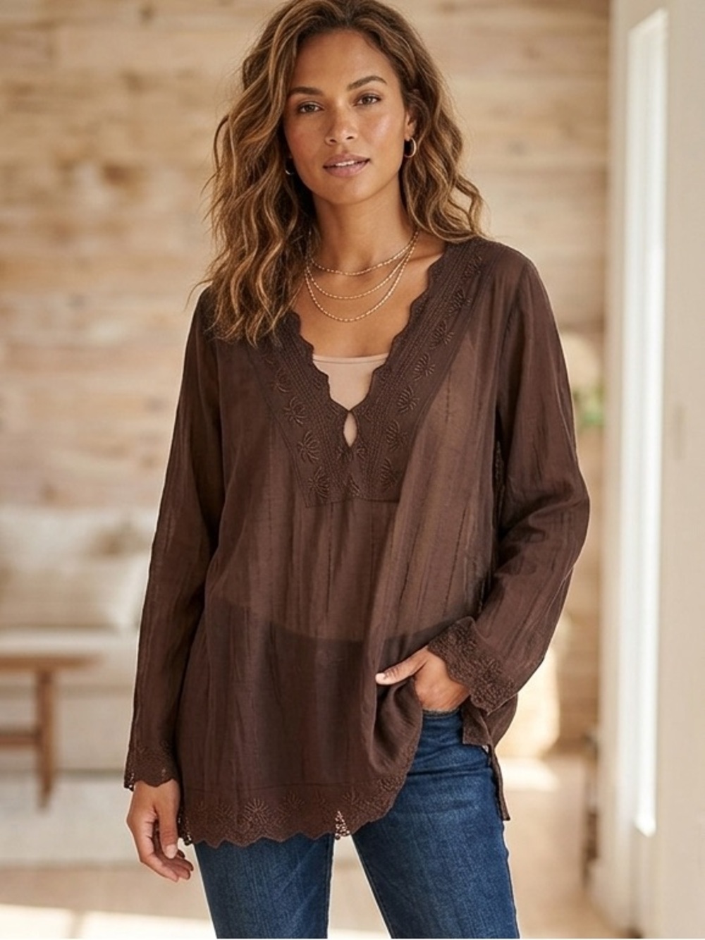Avenue Mesh Embroidered Top Blouse Size 26/28 Chic Brown Stretchy Sheer Top